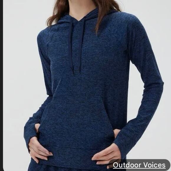 Outdoor Voices Hoodie Soft Cloud Knit Navy Thumb Holes Kangaroo Pocket Popover - Picture 2 of 13